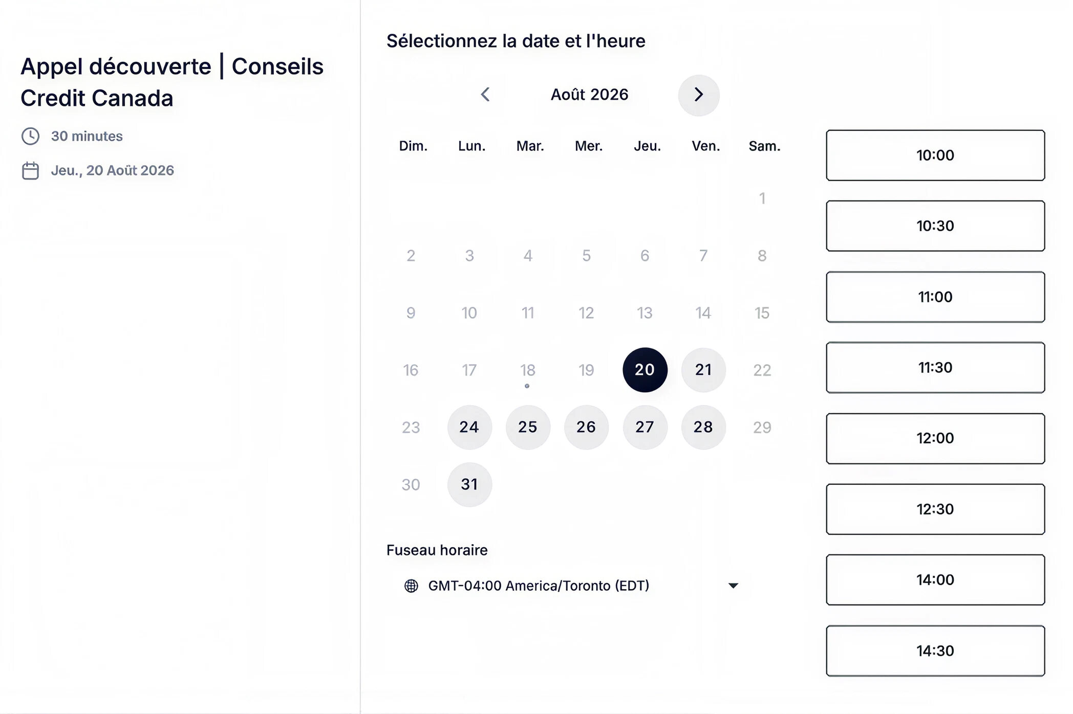 La page de réservation d'un tunnel : le calendrier du mois avec les journées disponibles, la date retenue en évidence, et la liste des heures libres à droite.